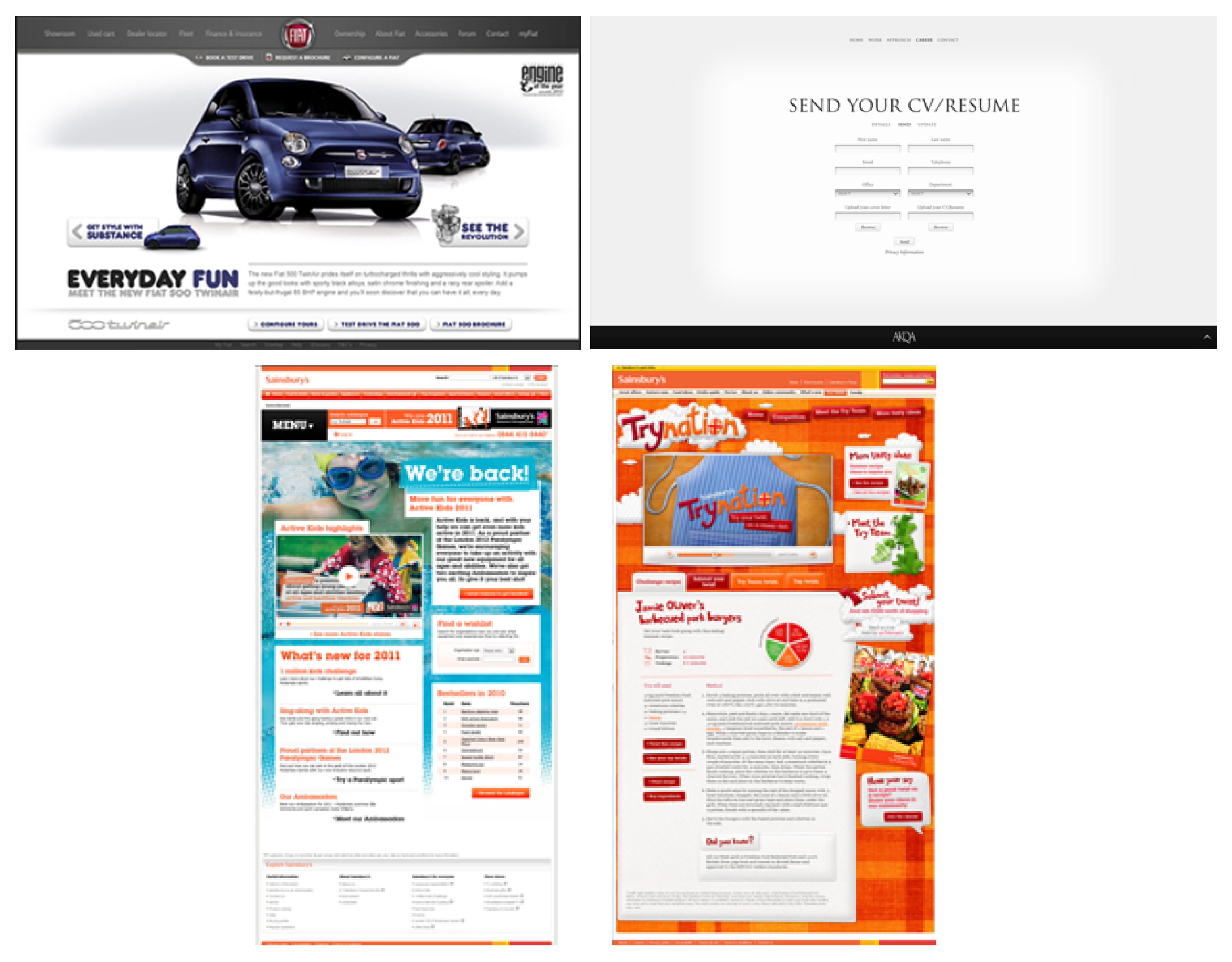 Front end development for Fiat, AKQA website, and Sainsbury's Active kids